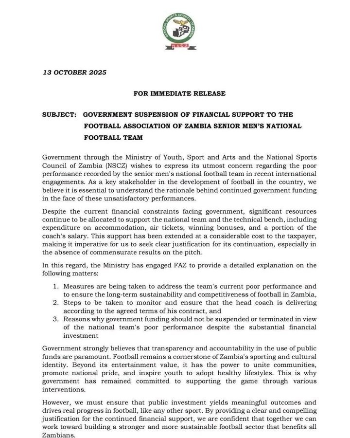 国家队表现不佳，赞比亚政府暂停财政支持：要对纳税人负责